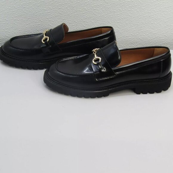 Thursday Everyday Women's Size 8.5 Penny Loafer Black Leather Gold Metal Detail - Picture 2 of 10